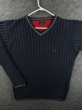 Fred Perry Heavyweight Large Logo V-Neck Blue Men Pullover Sweater Cotton Knit